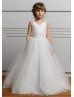 V Neck Beaded Ivory Embroidered Lace Tulle Flower Girl Dress